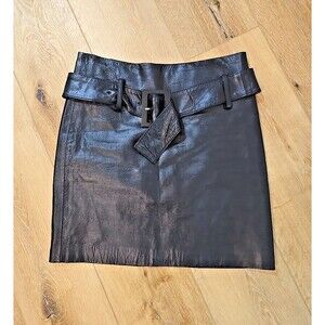 Vtg Cache y2k Black Rocker Edgy Moody Biker Leather Belted Mini Skirt Womens 30